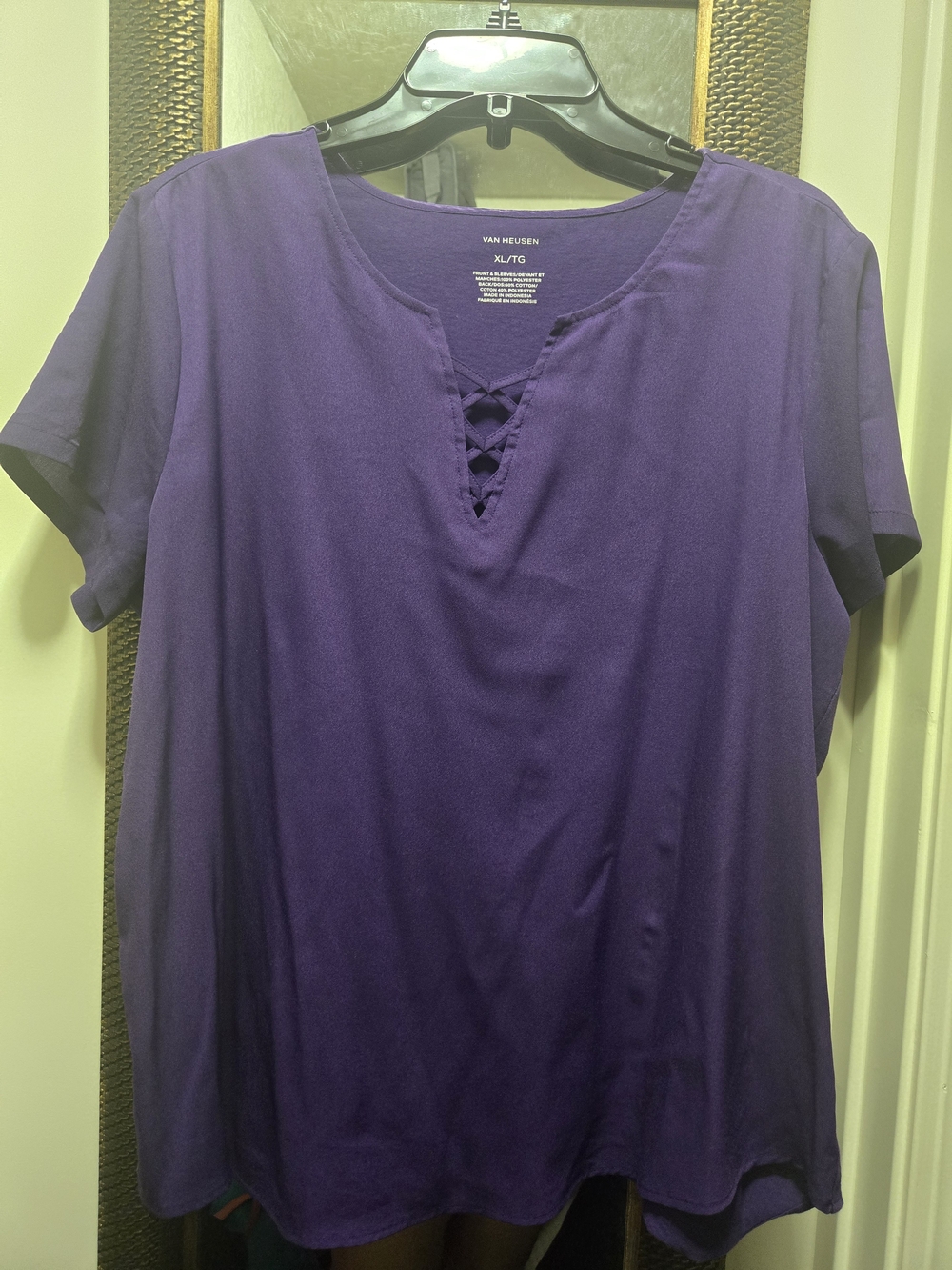 Van Heusen Bold Purple Short-Sleeve Top with Crisscross V-Neck